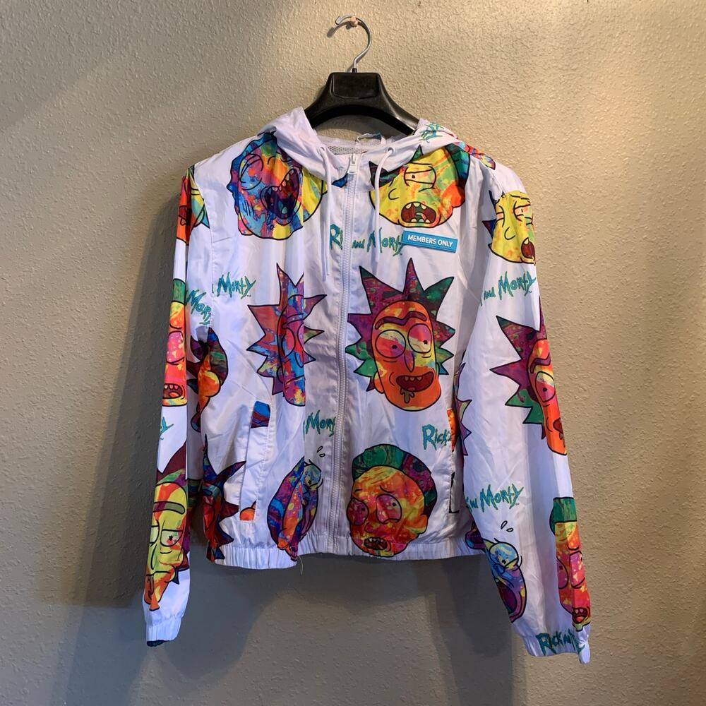 Members Only Size XL Rick & Morty All Over Print Hooded Jacket Windbreaker A38